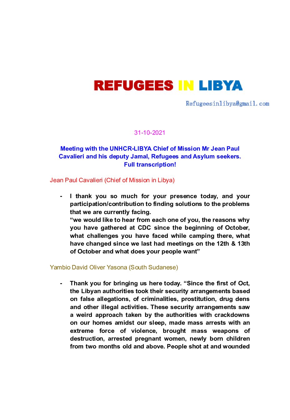 Refugees in Libya – Meeting with UNHCR 31.10.2021